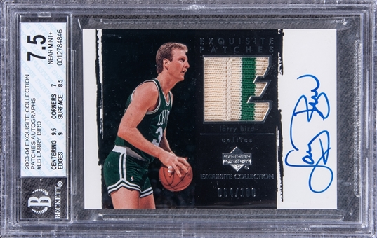 2003-04 UD "Exquisite Collection" Exquisite Patches Autographs #LB Larry Bird Signed Game Used Patch Card (#064/100) - BGS NM+ 7.5/BGS 10